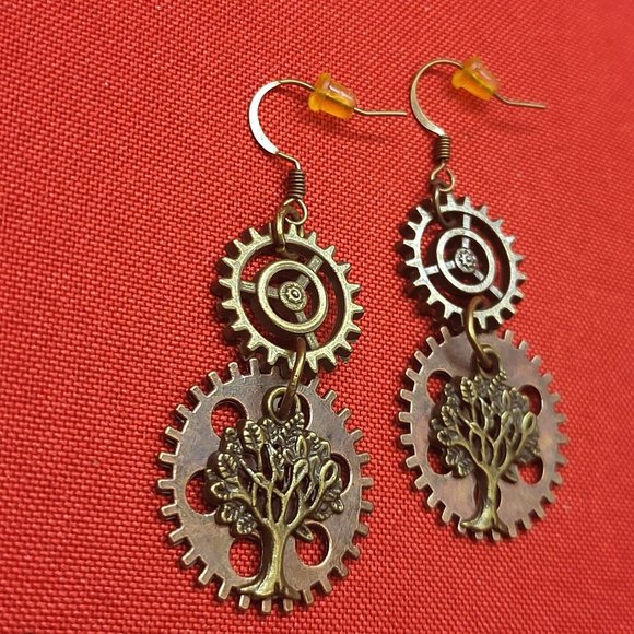 Dangling Gear Earrings Tree of Life Bronze - Picture 6 of 9